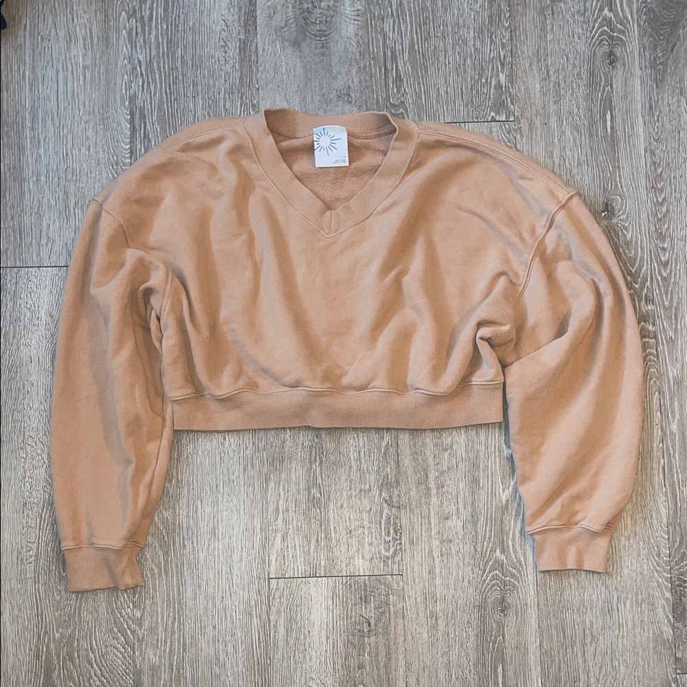 Aerie oversized Tan Cropped Sweatshirt size large loungewear comfy cozy pullover - Picture 2 of 6
